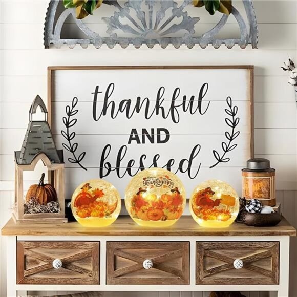Thanksgiving Table Decorations, Set of 3 Turkey Sparkling Crackle Glass Ball - Picture 6 of 7